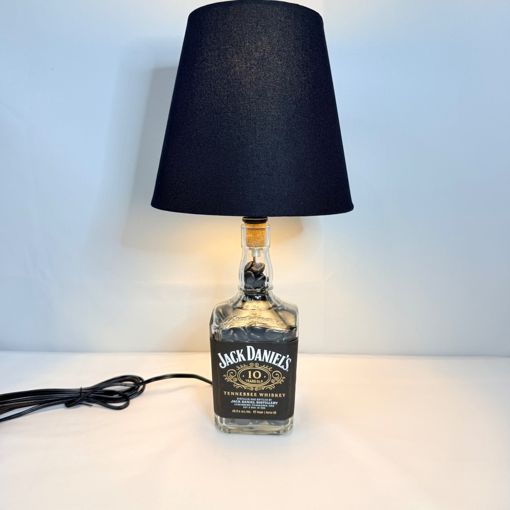 Jack Daniels 10 Year Old Batch 2 Whiskey Bottle Lamp with Black Shade and Stones
